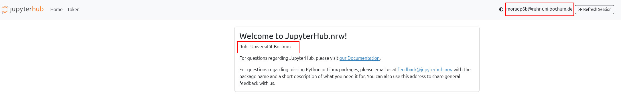 JupyterHub.nrw-Startseite mit hervorgehobenem Benutzernamen oben rechts und dem Namen der Hochschule unter der Begrüßung